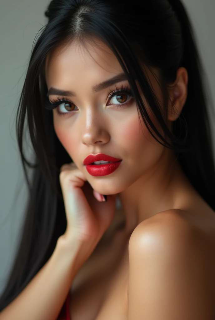 close-up, extreme close-up, close-up portrait, portrait, close-up on her lips, ultra realistic, photography, long black straight hair in a ponytail, elegant perfect hair, (30 years old, hazel eyes, hourglass figure, perfect fit body, natural big breasts), firtatious look, crimson red lipstick, femme fatale, she is a sex icon, she is a sex goddess, long eyelashes, cat-eye make-up, she is completely nude, she is completely naked, focus on her lips, highlight her lips, she has her hands on her neck and her head slightly leans backwards, her eyes focus the camera and her lips are slightly parted, seductive lips