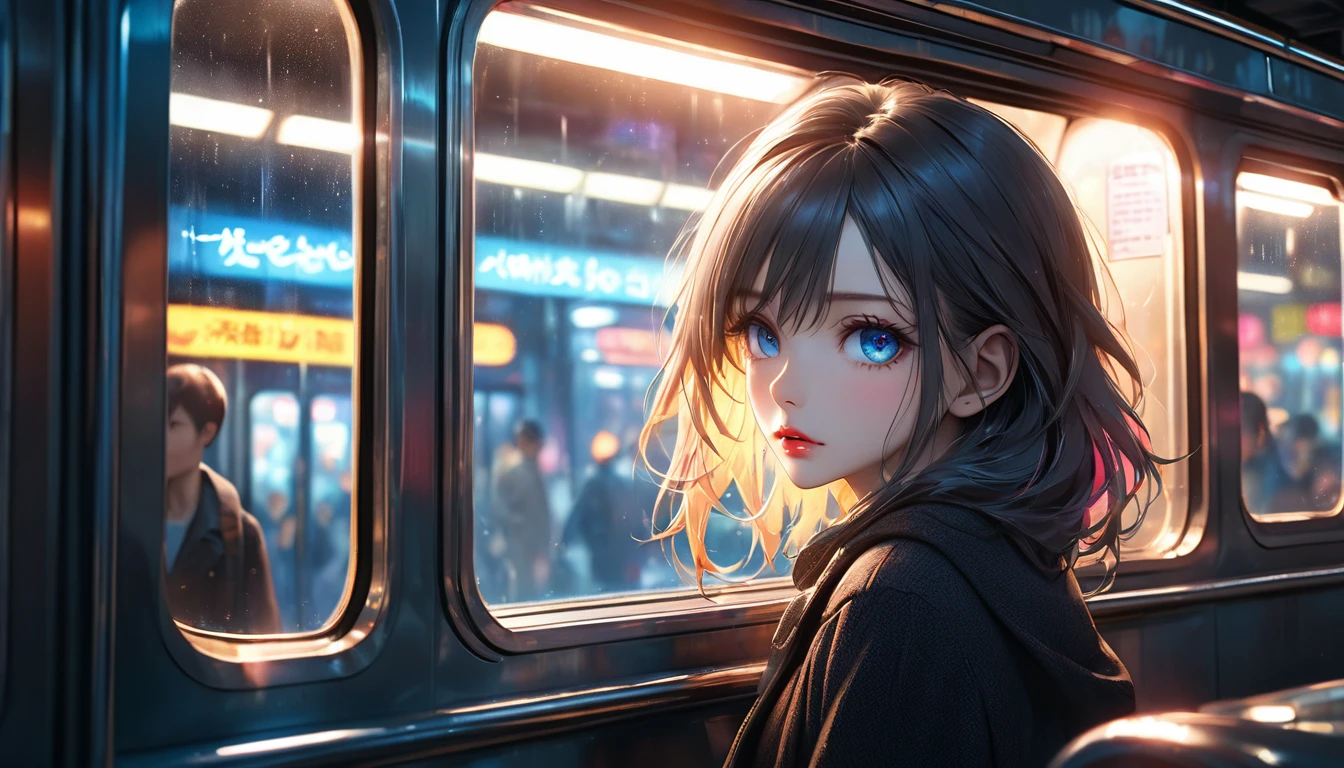 a crowded underground subway train, empty city streets outside the windows, anime aesthetic, 1girl looking out the window, cinematic lighting, vibrant colors, highly detailed, 8k, photorealistic, (best quality,4k,8k,highres,masterpiece:1.2),ultra-detailed,(realistic,photorealistic,photo-realistic:1.37),extremely detailed face and eyes,beautiful detailed eyes,beautiful detailed lips,long eyelashes,dramatic lighting,neon city lights,reflections in the window,motion blur,depth of field,moody atmosphere