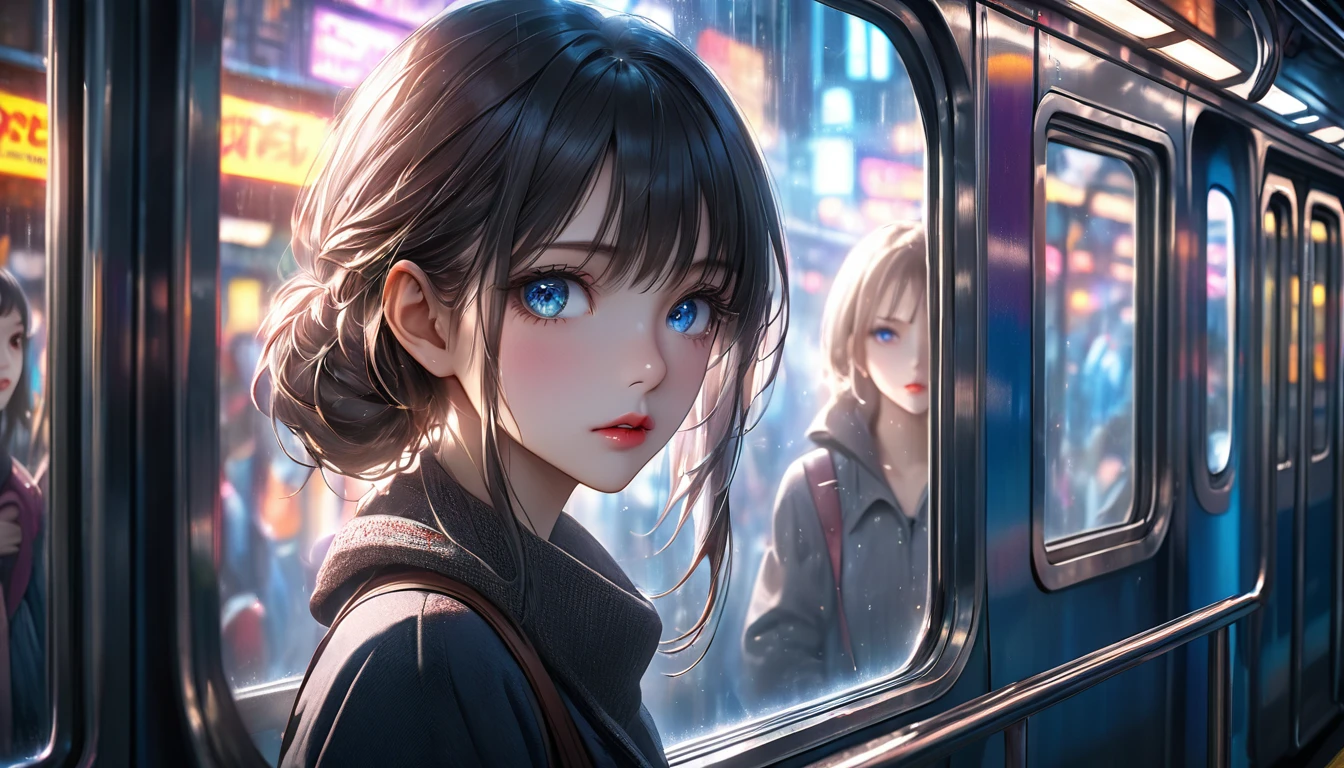 a crowded underground subway train, empty city streets outside the windows, anime aesthetic, 1girl looking out the window, cinematic lighting, vibrant colors, highly detailed, 8k, photorealistic, (best quality,4k,8k,highres,masterpiece:1.2),ultra-detailed,(realistic,photorealistic,photo-realistic:1.37),extremely detailed face and eyes,beautiful detailed eyes,beautiful detailed lips,long eyelashes,dramatic lighting,neon city lights,reflections in the window,motion blur,depth of field,moody atmosphere
