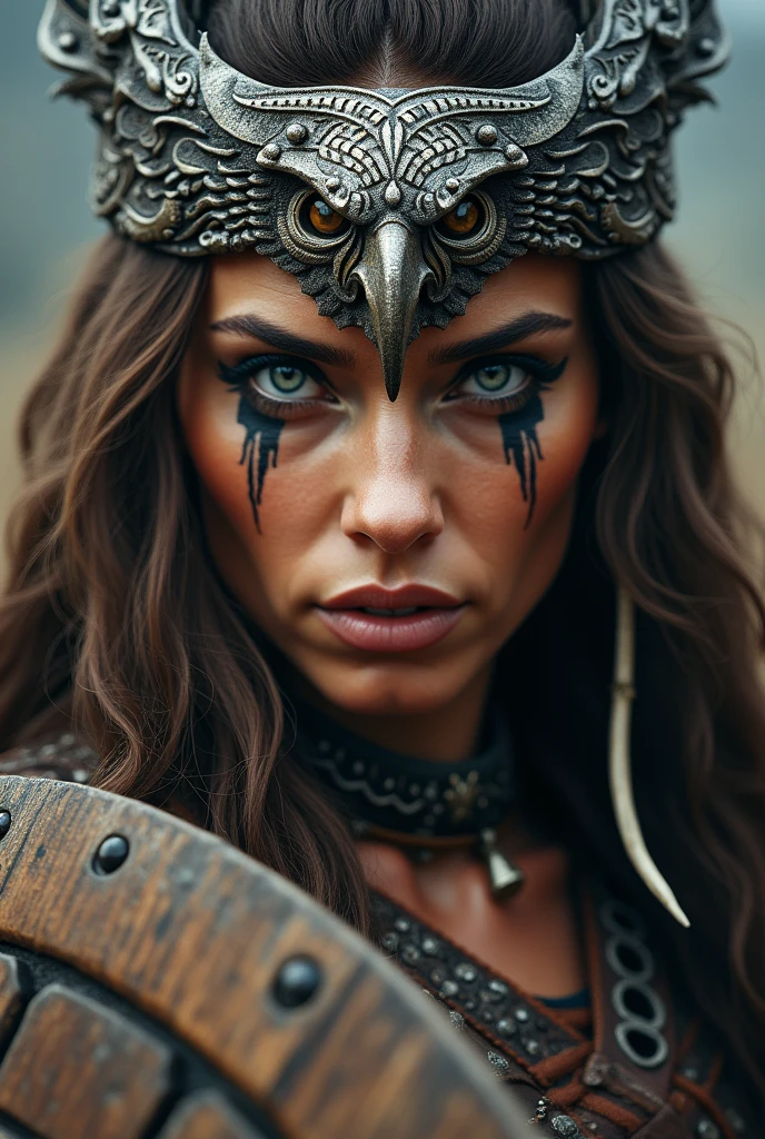 Close up face of beautiful viking queen, wooden shield in hand, eagle crown , tribal design on the eyes, Angry, bone ornaments on the neck, leather armor, focused