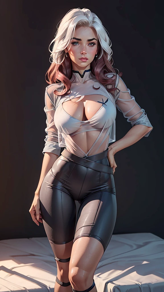 supermodel physique, perfect body, perfect clear skin, ultrarealistic, hyperrealism, photorealistic, ultra quality, masterpiece, high quality, beautiful, sexy face, pretty, slightly toned, fit, supermodel build, 3/4 body view, sexy waist, sexy hips, perfect legs, thigh gap, rogue, 1girl, solo, blush, wavy hair, multi colored hair, sheer see-through pink and grey top, sheet see-through pink and grey bottom, dynamic angle, high quality eyes, beautiful eyes