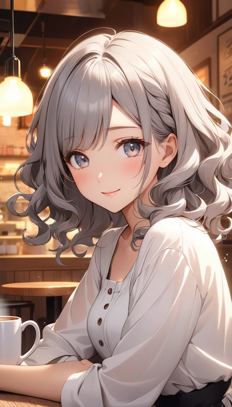 ella, a sexy and cute woman with a serene and content expression, exudes charm and warmth and asian. She has long, curly ash-gray hair with a natural flow. Her eyes, a warm and shiny brown, gleam with happiness  reflecting  , The background is a warm cafe Ella is studey it feels like an animation and a gently lit space to enhance intimacy,