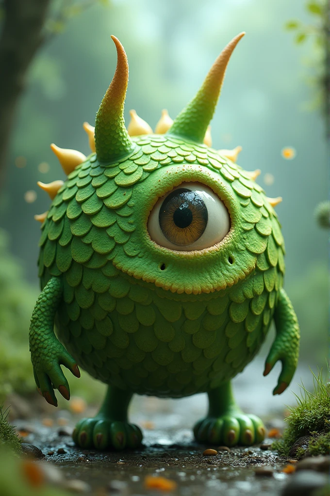 It&#39;s round green and has only one eye and two horns., two arms and two legs
