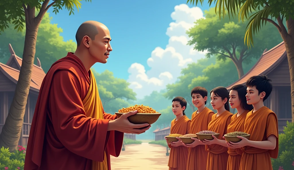 Khmer monk give food to villagers