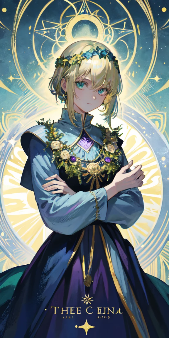 (1.2, top quality), Tarot Cards: 1.3,. Tarot Cards of the World
Light blue background
Beautiful medieval 20s.
Blonde hair
A lone figure in the center of a large green wreath.
She is clad in purple cloth.