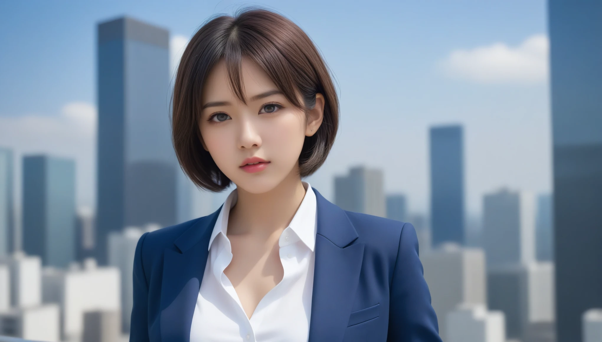 8k, Ultra-high resolution, Highest quality, masterpiece, 三分割法によるphotograph,Surreal, photograph, 1 , (:1.3), cute, cute顔, 細部までBeautiful Eyes, 細かくdetailedに,masterpiece,One Girl:1.2,Japanese women,Female announcer,cowboy shot,glaring,Black short hair,messy hair,from side,(White shirt:1.3),Dark blue blazer,Pencil Skirt,Rooftop,white collar,blue sky,Background of skyscrapers,(Beautiful attention to detail),Subtle details, detailedな顔,anger,Attractive eyes,(ポートレートphotograph:1.4),(Photorealistic images:1.4),Fantasy art,(Beautiful Face:1.4),美しくAttractive eyes、Beautiful Eyes,Silver residue,(Tight waist:1.4)、(Beautiful with perfect body proportions:1.4),Pink Lips,profile,(((Ideal body type))),A-cup small breasts :2,、Portraiture:2、Perfect Anatomy、鮮明なdetailed、detailed,Fashion magazine cover,Thin lips,完璧でBeautiful Face ,完璧でcute顔, Skin with attention to detail, Perfect limbs、Narrow waist,Surreal,Light and shadow,sunlight