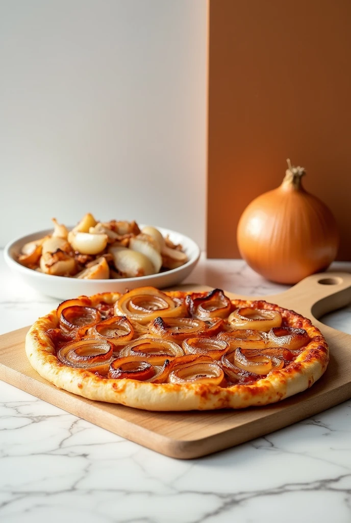 Single topping onion pizza with the side place of onion with white and brown baground