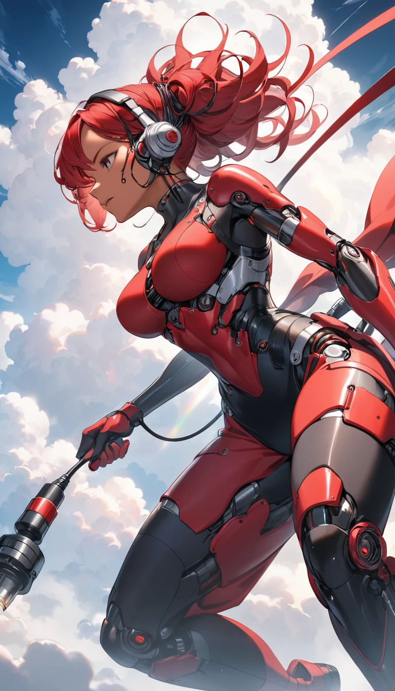 Red and black cyborg woman plugging into the cloud.