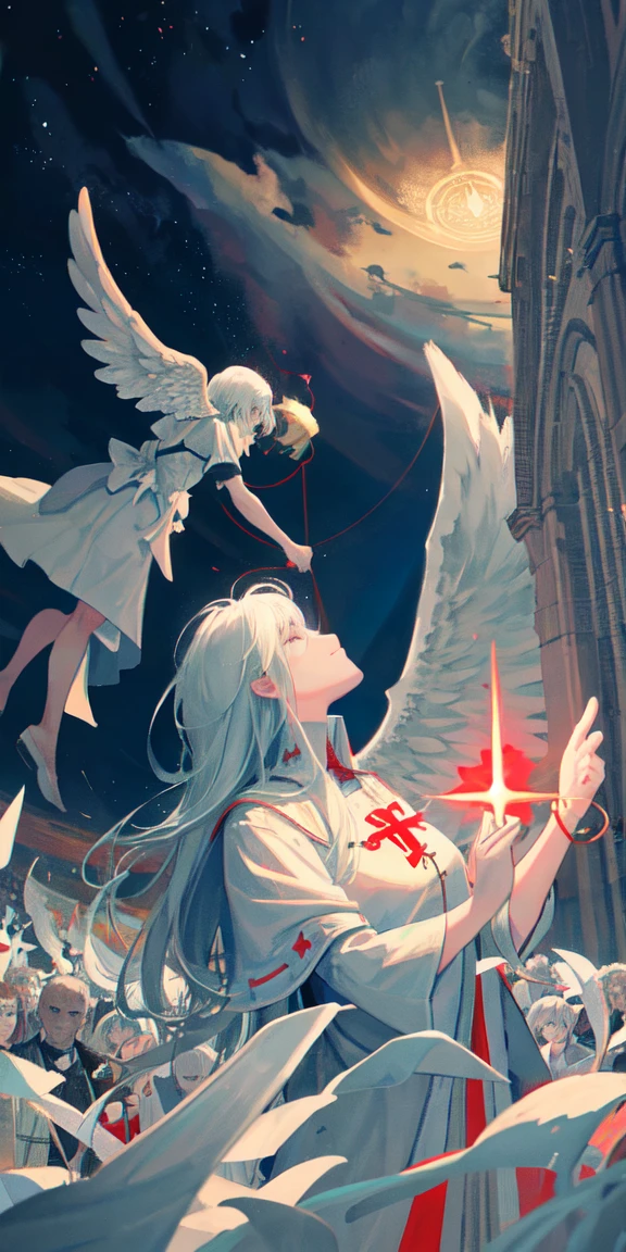 (1.2, top quality), Tarot Cards: 1.3,. Tarot Cards of Judgment
Papper! The trumpet, blown high by the archangel, signals the resurrection. From the gray coffins floating in the sea, gray people rise one after another. People standing up here and there spread their hands and look up to the sky, as if they are looking up at the angel and rejoicing. The trumpet depicts a red cross signifying salvation.
Translated with DeepL.com (free version)