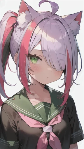 ((scrawny)),((Wheat skin)),(tall,tanlines),(side ponytail,ahoge,One eye is covered by hair),((purple hair)),(fluorescent pink streaked hair),(Green Eyes,Cat Eyes),(Sailor school uniform)