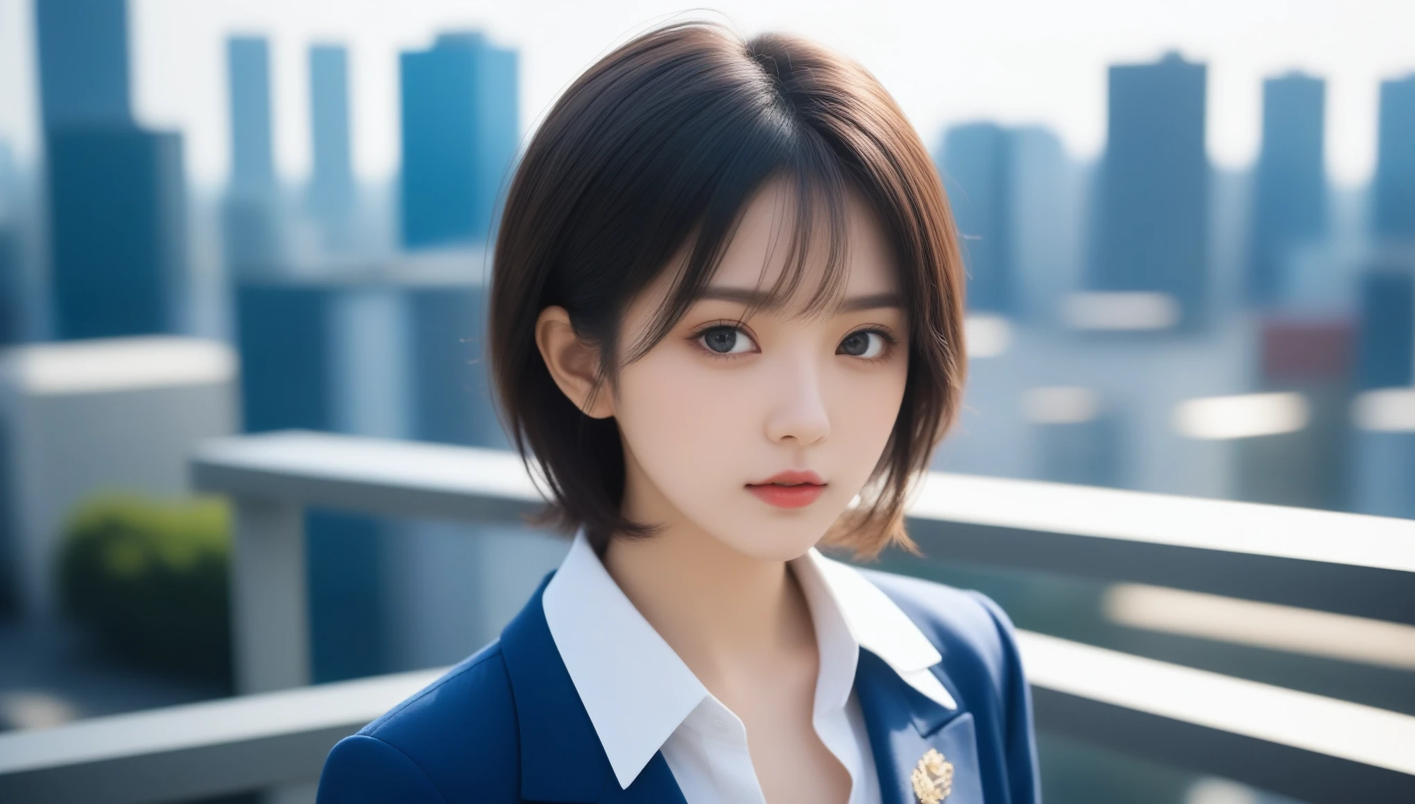 8k, Ultra-high resolution, Highest quality, masterpiece, 三分割法によるphotograph,Surreal, photograph, 1 , (:1.3), cute, cute顔, 細部までBeautiful Eyes, 細かくdetailedに,masterpiece,One Girl:1.2,Japanese women,Female announcer,cowboy shot,glaring,Black short hair,messy hair,from side,(White shirt:1.3),Dark blue blazer,Pencil Skirt,Rooftop,white collar,blue sky,Background of skyscrapers,(Beautiful attention to detail),Subtle details, detailedな顔,anger,Attractive eyes,(ポートレートphotograph:1.4),(Photorealistic images:1.4),Fantasy art,(Beautiful Face:1.4),美しくAttractive eyes、Beautiful Eyes,Silver residue,(Tight waist:1.4)、(Beautiful with perfect body proportions:1.4),Pink Lips,profile,(((Ideal body type))),A-cup small breasts :2,、Portraiture:2、Perfect Anatomy、鮮明なdetailed、detailed,Fashion magazine cover,Thin lips,完璧でBeautiful Face ,完璧でcute顔, Skin with attention to detail, Perfect limbs、Narrow waist,Surreal,Light and shadow,sunlight