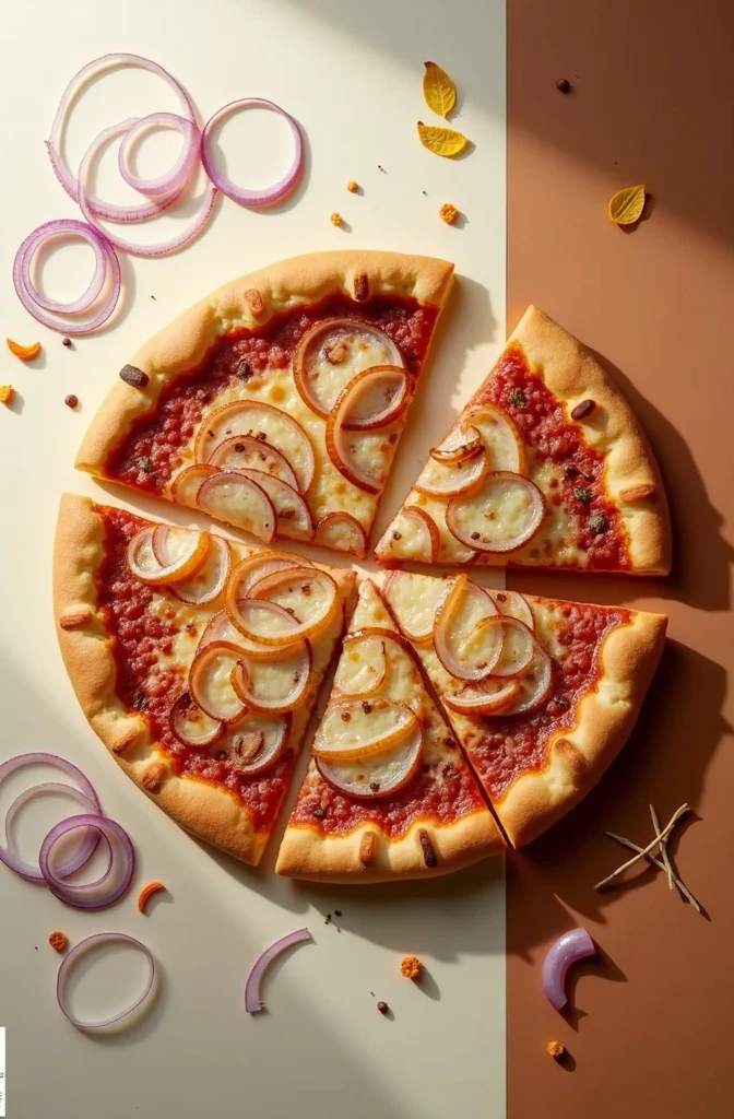 Onion pizza 7 inch with onion on a side and white and brown beground