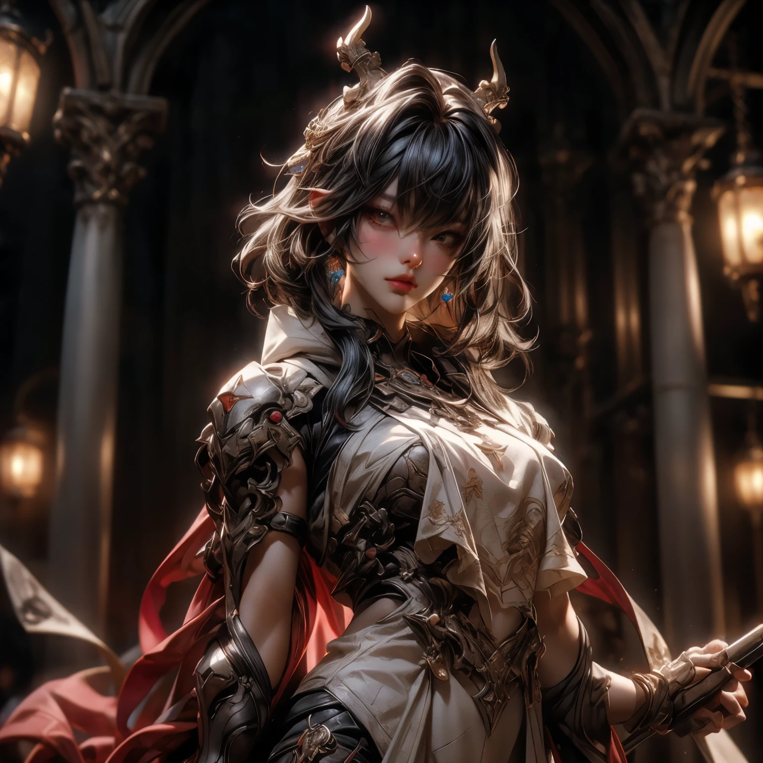 (best quality)), ((Masterpiece)), (details:1.4), 3d, HDR (high dynamic range), an image of a beautiful cyberpunk female, Medieval, Fantasy, Red hair, Curtain Bangs, Beautiful White eyes, จมูกโด่ง, ปากแดง, หน้าอกใหญ่, nvidia RTX, PBR surface, After processing, Anisotropic filtration,depth of field, Maximum clarity and clarity, multi-layered surface, Subsurface scattering, perfect proportions, 8K raw files, ultra detailed, Perfect proportions, volumetric lighting, soft lighting, Holy Paladin, Heavy Black Armor, Red dress, glossy skin, intricate Silver embroidery, Castle Hall background, jewely, ต่างหู, นิ้วมือสมบูรณ์,
