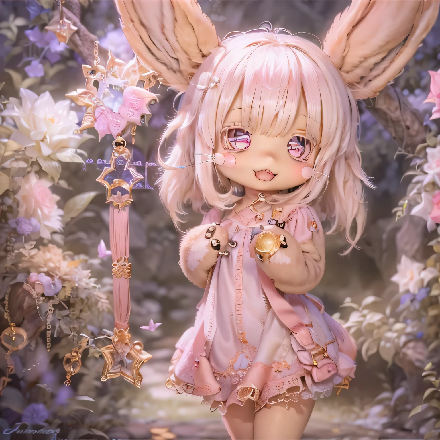 in the garden, smile, Similar to Nanachi from Made in Abyss. She is beautiful, Beautiful eyes and lips. (((Chibi Style,))) . Image quality is excellent, Highly detailed and realistic features. The medium of this work is、Combining illustration and photorealistic rendering.. The colors are vivid、The lighting creates a warm and bright atmosphere。 whole body(((((Cute pink dress)))))Contrasting cute poses