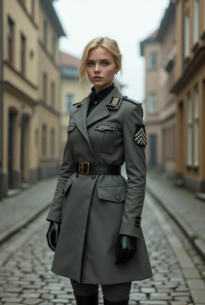  young girl, Tall stature, little chest, Slavic appearance: Green eyes; blond hair; sharp facial features; Straight nose; pronounced high cheekbones, stands upright, military uniform: gray double-breasted overcoat; gray pants, full length, max detail, Masterpiece quality, black leather gloves, in the middle of the street, Background: A street with a stone paved road with European stone houses from the first half of the 20th century, High quality shadows, High quality of light, High quality clothing.