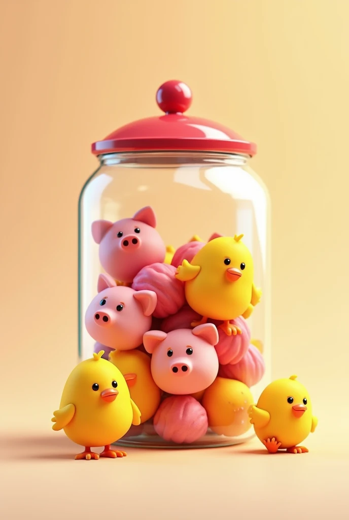 Make a transparent candy jar using Pixar style，The content is expected to include candies shaped like little yellow chickens and candies shaped like little pink pigs.，No need for body in modeling，To be used as a logo，And the candy jar, I hope it&#39;s crowded inside.，The little yellow chicken and the little pink pig want their faces to be squeezed into the glass jar，Remember, the little yellow chicken should not have a pig nose on its face，The little pink pig&#39;s face should not have a chicken&#39;s mouth. The candy jar should be filled with candies.