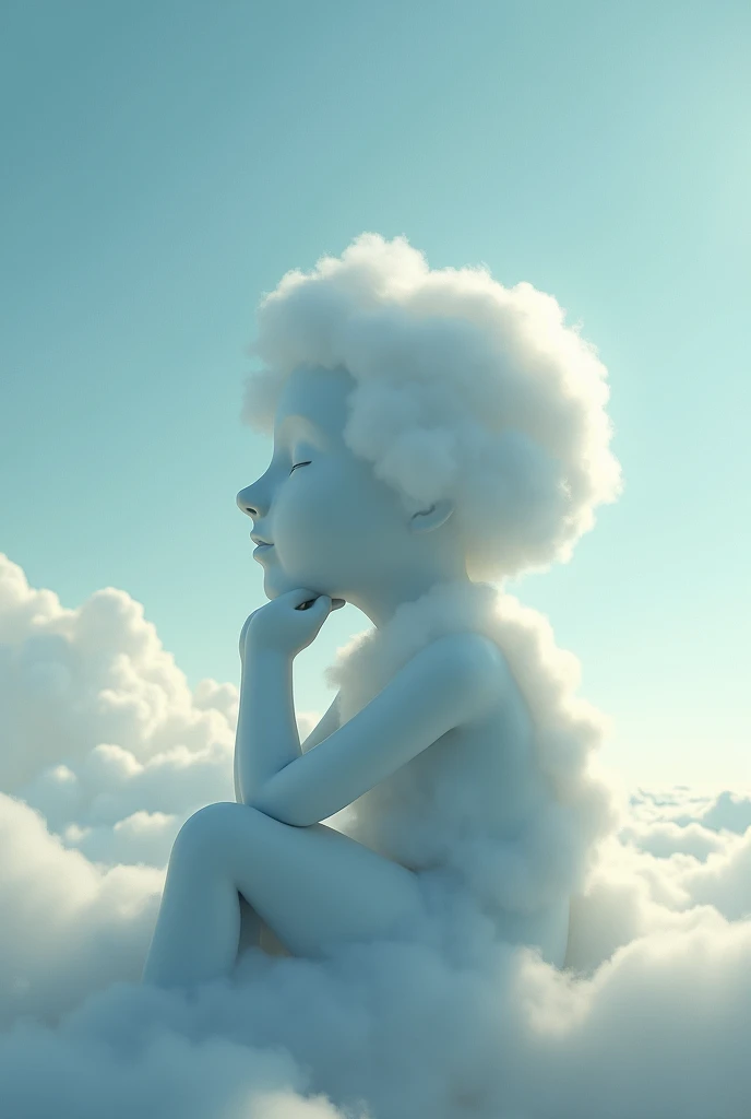 The human-shaped cloud, with no visible face, sat with its back turned, chin in hand, looking up at the upper left corner of the screen