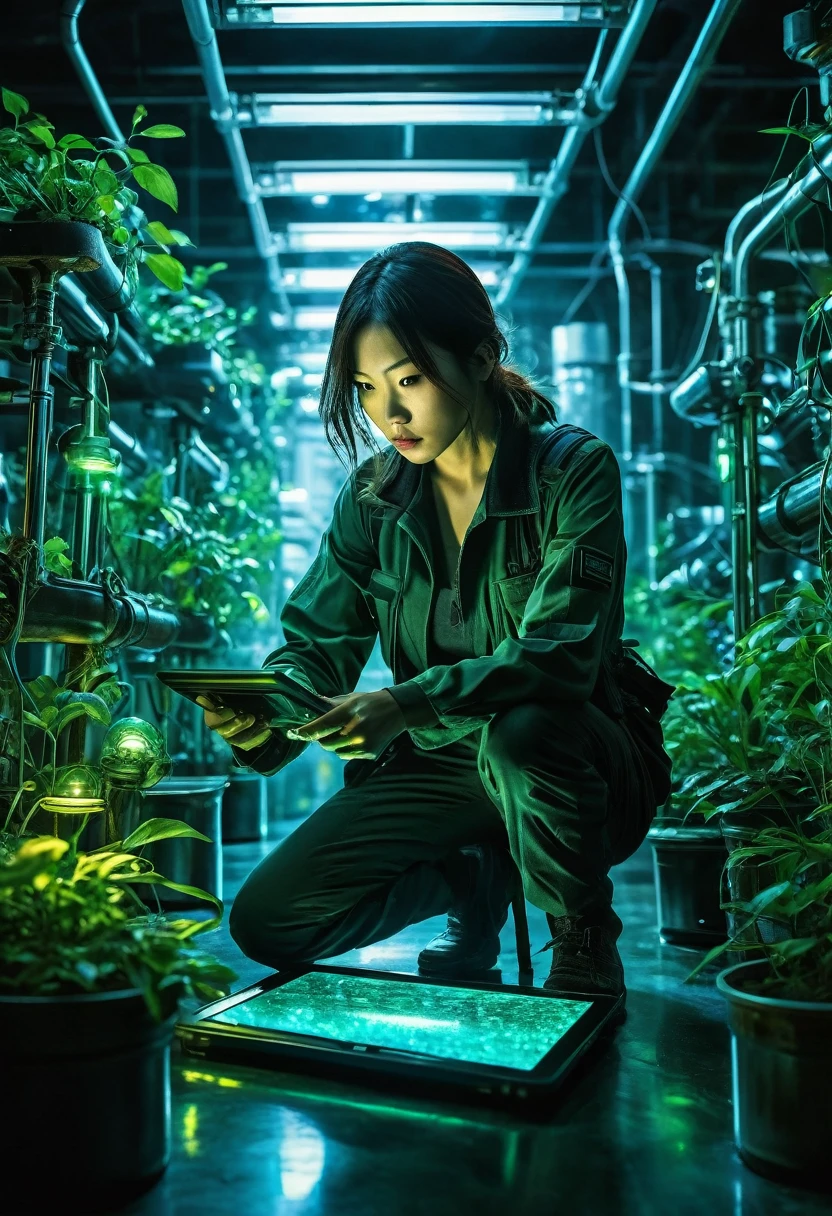 Genius botanist lady ducktail Misaki, she crouching behind an elaborate metal device, holding a tablet with incriminating data, and in her other hand a weapon she holds a standard flashlight, A futuristic secret laboratory, rows of glowing cylindrical containers filled with rare clematis, bioluminescent plants emitting an eerie blue-green light, Alarms blinking red, steam hissing from pipes, floor reflective, holographic display showing molecular structure of plants, vial of liquid glowing in foreground, exit sign illuminated in distance, cinematic action scene composition, saturated colors, lens flare, ultra-detailed, intricate detail Highly Detailed Eyes, Faded, 16K resolution, RAW, Nikon Z9, Creative, Masterpiece, Fantasy, High Definition, High Quality, 8k, Realistic, Dramatic Lighting, Soft Focus, Digital Illustration, Intricate Mechanics, Advanced Techniques, Dark Background Cinematic, High Contrast, High Contrast Atmosphere, (Best Quality, 4k, 8k, High Definition, Masterpiece: 1. 2), Ultra-Detailed, (Realistic, Graphic, Photorealistic: 1. 4) -- No Glass --AR 16:9 --Stylize 1000
