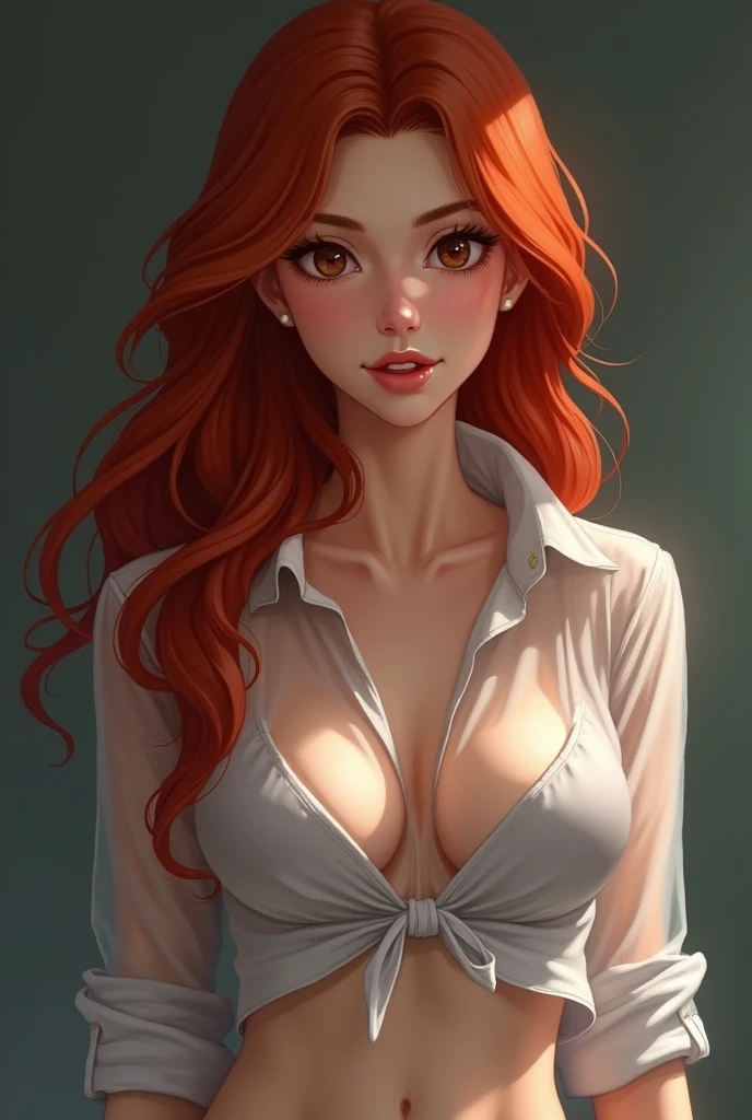 Very detailed, Seductive erotic woman with horns, A shirt that fits snugly against the skin, (Big Breasts, My chest is so big that it tears my shirt, Redhead), Focus on the face, Focus on the face, Complex eyes,