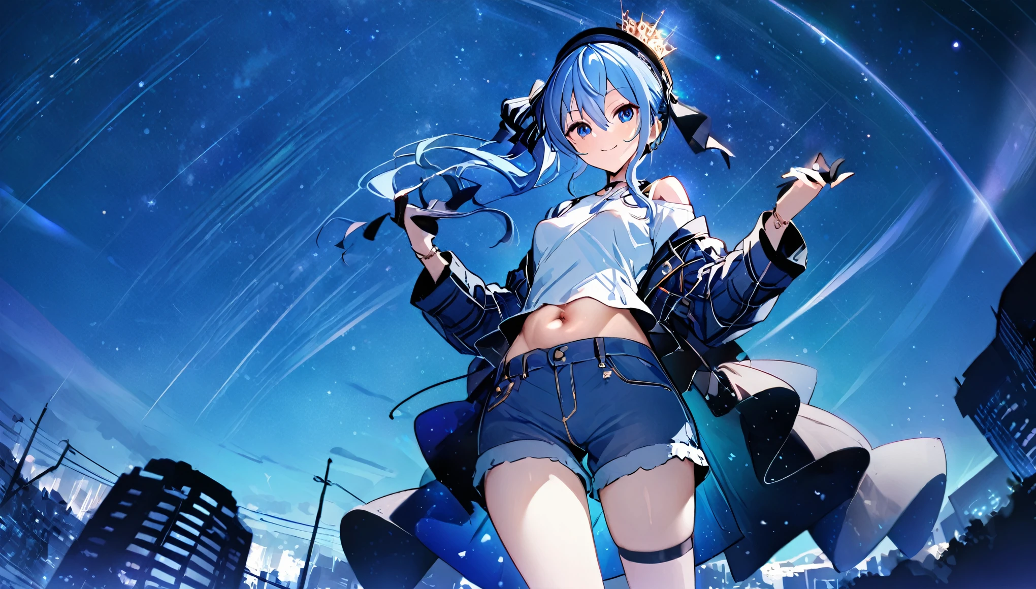 (8k、Best image quality、highest quality、masterpiece)、Detailed face、 1girl、Blue Hair、Long Hair、sideponytail、dark_blue_eyes、smile,(navel:0.6),Moderate_torso、small_breasts,((White T-shirt))、Off the shoulder、Black shoulder straps、(open_front_denim_short_shorts:1.2)、Cowboy Shot、Shoot from below、City Background, starry_sky_landscape ,hoshimachi suisei, slender,(covered_nipples:0.3), (belly button:1.2),nihil,solo,stargaze,girl_looking_up_sky,(abs:0.6),solo.