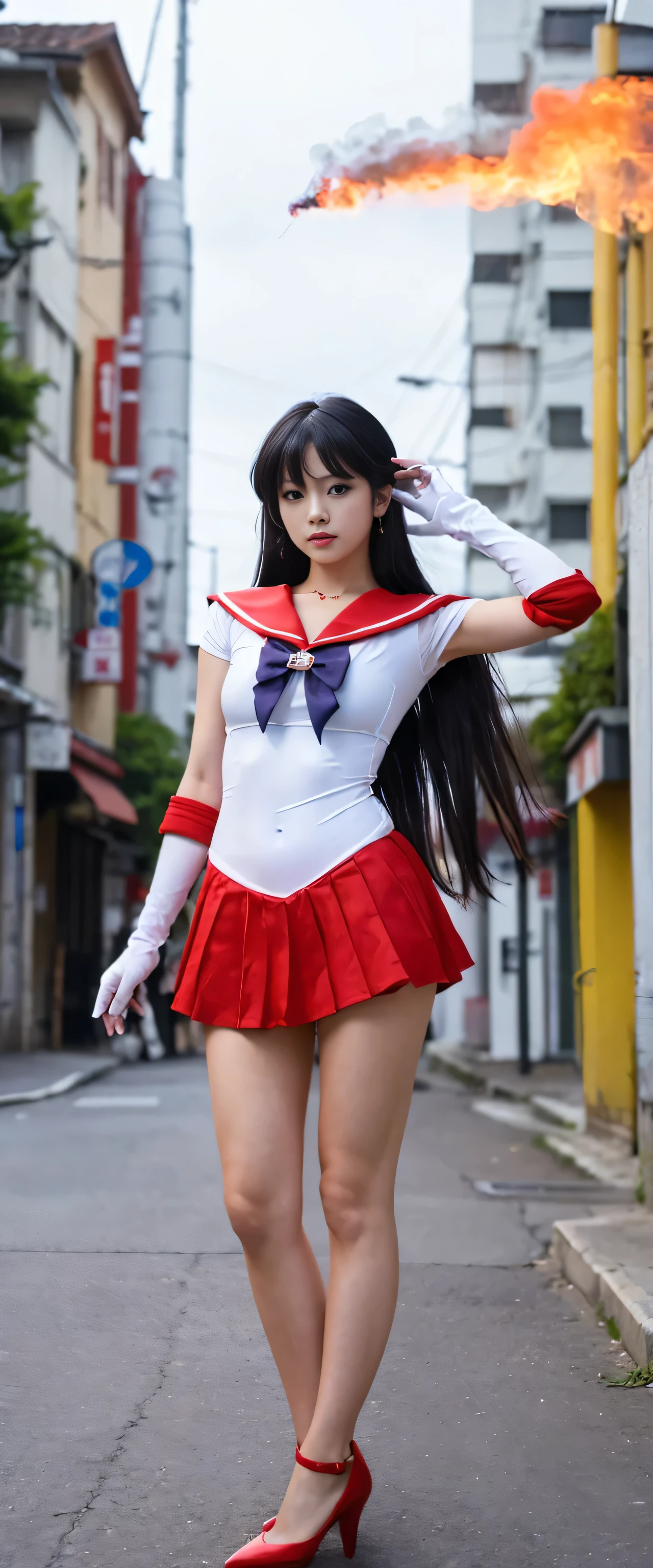 1 Japanese girl,Long Hair, (high quality,8k,Black Hair, Realistic, high quality,masterpiece,Very detailed, Confused)1.5,((Summer 1, tiara, Sailor Warriors, White gloves, Red Sailor Collar, Red Skirt)),City of night,White gloves,Purple ribbon,Purple eyes, (Magical World,fire),High heels, (Full body photo, Are standing:1.5), Very large bigger than a face:1.95, Are standing,Long legs