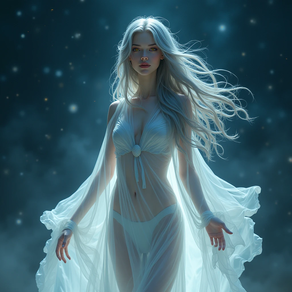 masterpiece, Beautiful Goddess of the Void, Full body white transparent clothing standing under the stars at night in the sky, Disappearing Transparent Pants, Full body standing, Tall figures, Thin legs, Facial details, Body parts details, 8k wallpaper、Portraiture, Long Hair, Gray Hair, Golden Eyes, One girl, head, face, Magical girl, absurdes, masterpiece, Highest quality, Magical girl costume, ((Magical girl)), short hair, Devastation, Remains, Dynamic pose, Apocalypse, Spell casting, Style-Glass, Full Body Shot、masterpiece, Highest quality, One girl, Giant Tall h○rns, l○ungewear, Long Red hair, Red Eyes, Long hair, : Sunburn, tw○-t○ne backgr○und, fantasy ○f terr○r