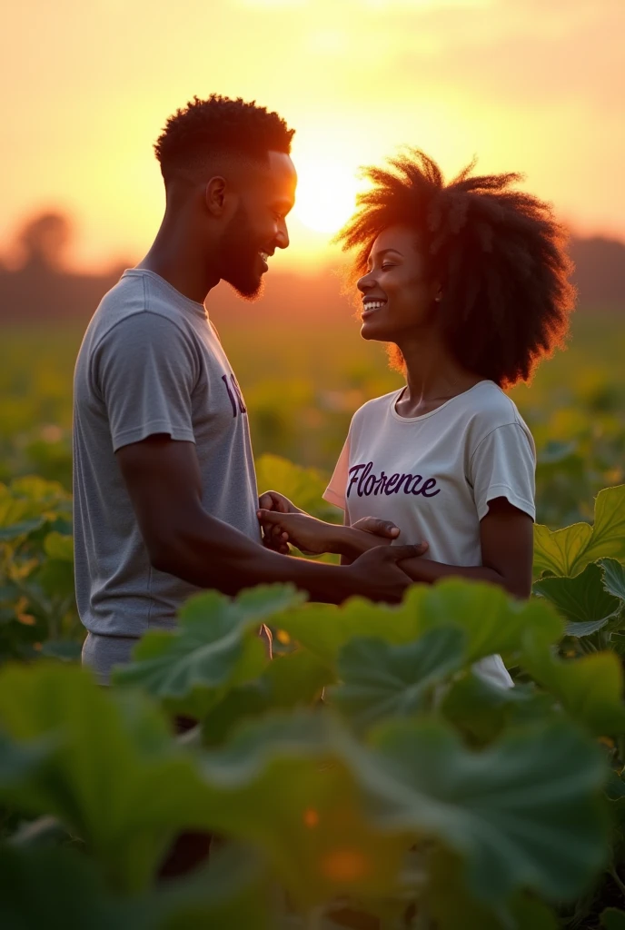 Un homme noir et son amoureux noir souriant entrain de travailler dans un champ d’aubergines au couché du soleil
Nous pouvons voir le mot Ivan sur le t-shirt de l’homme et Florence sur le t-shirt de la femme
On peut voir aussi la femme donner de l’eau à son amour