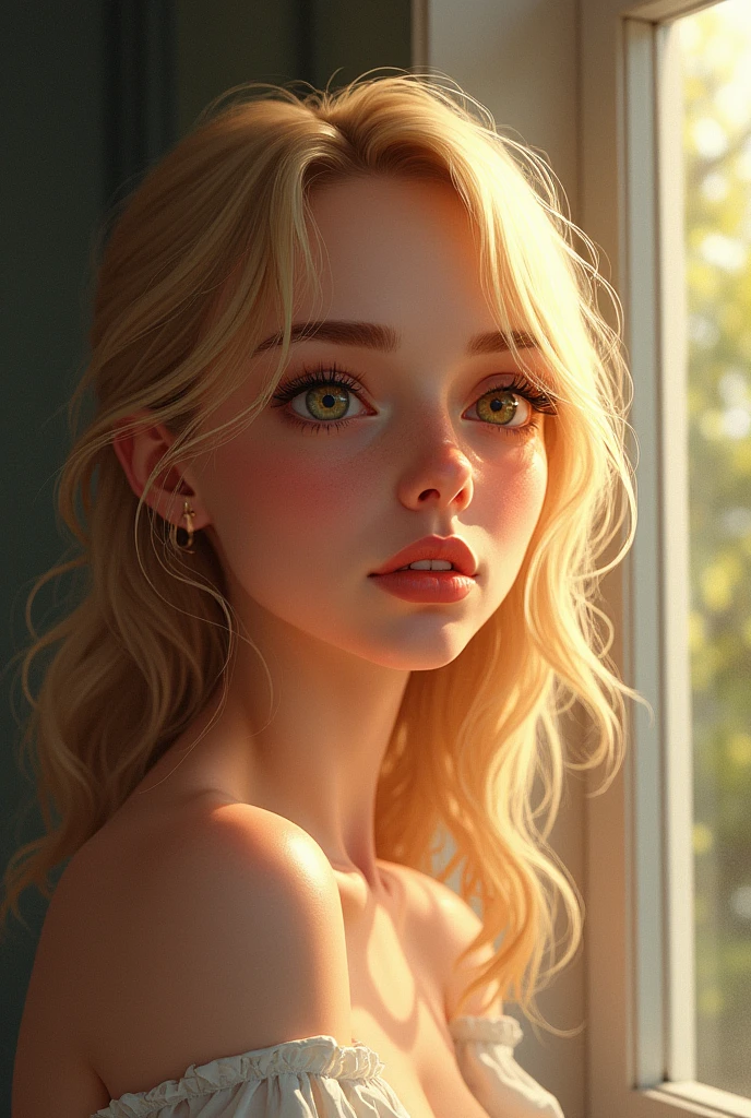 Blonde au yeux marron qui regarde par la fenêtre 