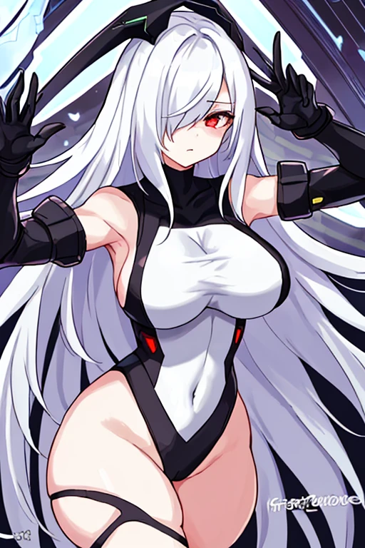 1girl, white hair, leotard, futuristic, bodysuit, thick thighs, wide hips, large breasts, breasts, long hair, red eyes, one-eye covered, serious, hair over one eye, hair over one-eye, science-fiction, thigh strap, sleeveless, black leotard, black clothes, black gloves, 2d, anime style, anime screencap