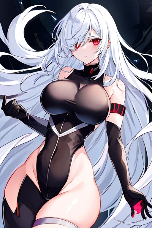 1girl, white hair, leotard, futuristic, bodysuit, thick thighs, wide hips, large breasts, breasts, long hair, red eyes, one-eye covered, serious, hair over one eye, hair over one-eye, science-fiction, thigh strap, sleeveless, black leotard, black clothes, black gloves, 2d, anime style, anime screencap