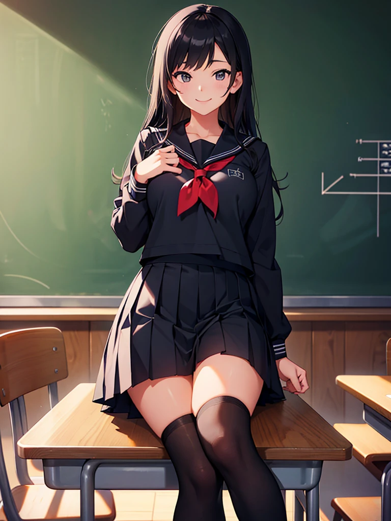 classroom,blackboard,Teaching Excellence,One beautiful girl,smile,Sailor suit,Pleated skirt,Black socks,Long black hair,