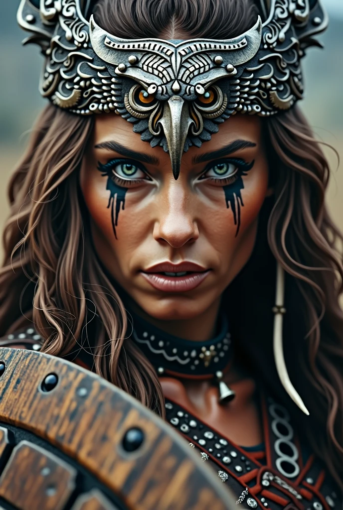 Close up face of beautiful viking queen, wooden shield in hand, eagle crown , tribal design on the eyes, Angry, bone ornaments on the neck, leather armor, focused