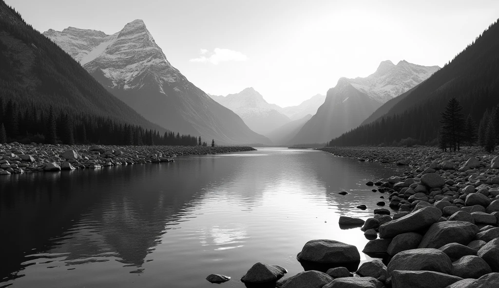 serene scene of the river at sunset, the water calm and reflective with mountains all around.
Make the theme black and white and make it vibrant and hyper realistic.