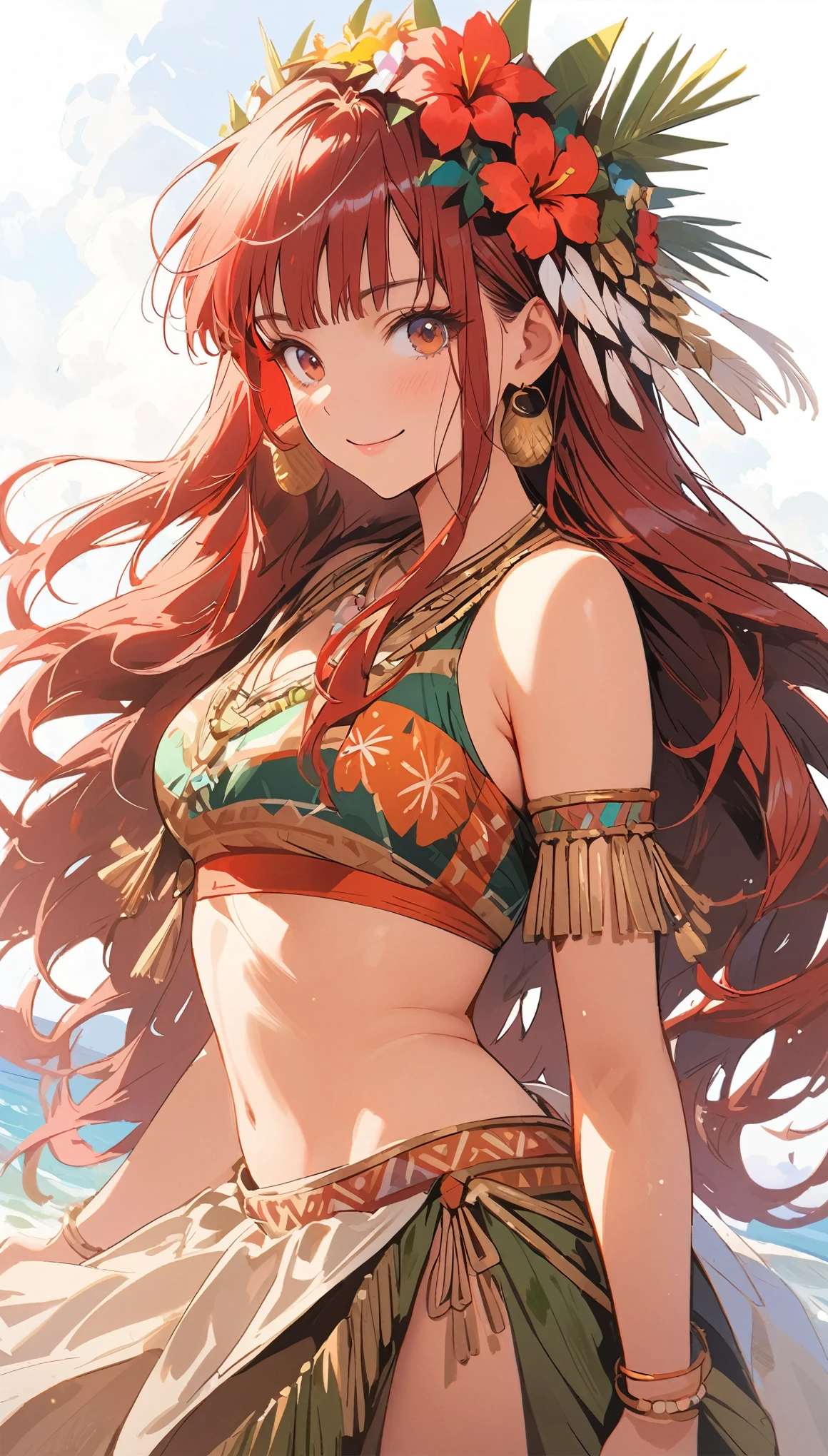 Anime image of an indigenous anime girl with brown skin indigenous tattoos indigenous clothing and she is holding a spear her hair is straight her tits are big