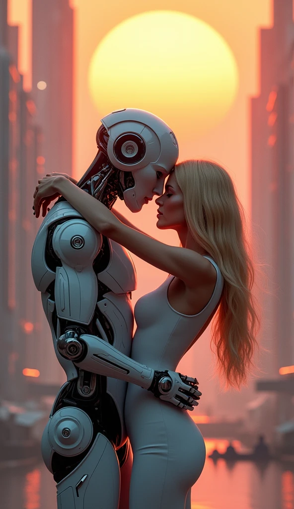 hug 、Blonde long hair robotic male and human female、The background is a futuristic sunset