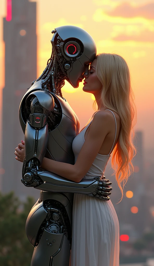 hug 、Blonde long hair robotic male and human female、The background is a futuristic sunset