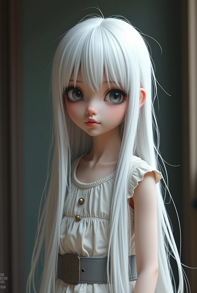 Full lenght, white hair, narrow face, grey eyes, girl, 1, slim figure, almond-shaped eyes, button nose, full lips, european appearance, ultra highly intricate detailed, black eyeliner, summer dress, over knee boots, professional photography, ultra sharp focus, very beautiful