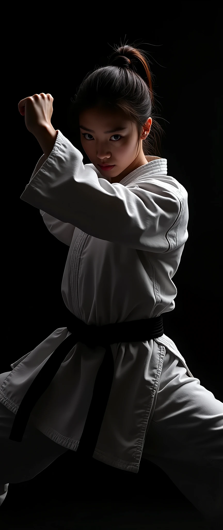 (masterpiece:1.2,Exceptional Quality,mirror-like,Cinematic Experience,Photorealistic,Photorealistic,RAW Photos),8k,wallpaper,(Cool woman:2.0),(Japanese;2.0),(Black silhouette of a female karateka:2.0),(dynamicなアングル:2.0),(Karate pose:2.0),(Straight punch:2.0),(Black background:2.0),(Beautiful Face,Beautiful Hair,Beautiful female hands,Detailed face),(White karate uniform,Black belt),(dynamic:2.0),(Upper body close-up:2.0)