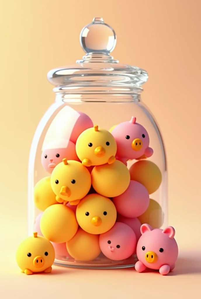 Make a transparent candy jar using Pixar style，The content is expected to include candies shaped like little yellow chickens and candies shaped like little pink pigs.，No need for body in modeling，To be used as a logo，And the candy jar, I hope it&#39;s crowded inside.，The little yellow chicken and the little pink pig want their faces to be squeezed into the glass jar，Remember, the little yellow chicken should not have a pig nose on its face，The little pink pig&#39;s face should not have a chicken&#39;s mouth. The candy jar should be filled with candies.