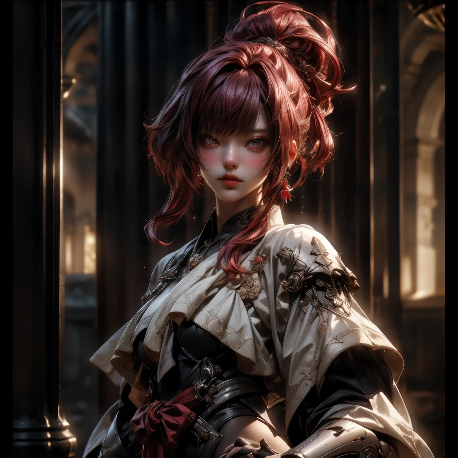 (best quality)), ((Masterpiece)), (details:1.4), 3d, HDR (high dynamic range), an image of a beautiful cyberpunk female, Medieval, Cyberpunk, Fantasy, Red hair, Curtain Bangs, Beautiful White eyes, จมูกโด่ง, ปากแดง, หน้าอกใหญ่, nvidia RTX, PBR surface, After processing, Anisotropic filtration,depth of field, Maximum clarity and clarity, multi-layered surface, Subsurface scattering, perfect proportions, 8K raw files, ultra detailed, Perfect proportions, volumetric lighting, soft lighting, Holy Paladin, Heavy Black Armor, Red dress, glossy skin, intricate Silver embroidery, Castle Hall background, jewely, ต่างหู, นิ้วมือสมบูรณ์,