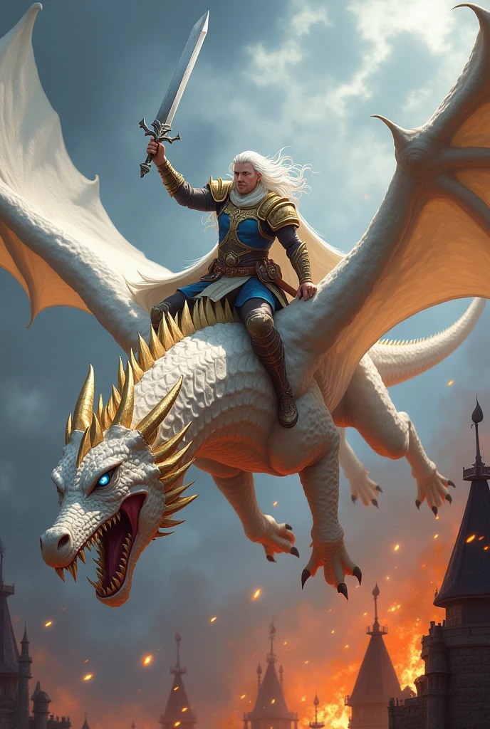 A male paladin with long white hair and a sword in his right hand flying on top of a muscular white celestial dragon with an angry face and white and golden wings and blue eyes and flying in attack mode over a burning castle,the paladin must have the brave face in attack mode ,the paladin must have his sword pointing up and forward .the dragon has to be flying in attack mode,taking a low flight
