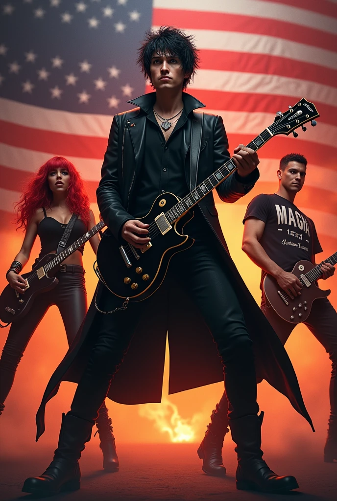 American flag background with fire and smoke and man playing drums another male with short hair wearing a guitar and female with red hair on the microphone