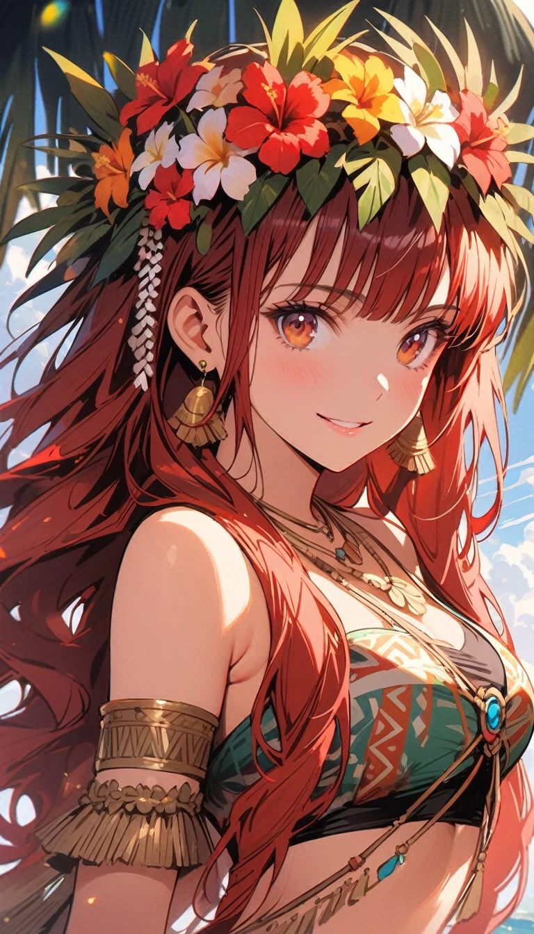 1girl, (((red hair, hime haircut, long hair))), brown eyes, (highest quality, 8k, 4k, High resolution, masterpiece:1.2), Super detailed, anime style:0.9, photorealistic, Bright colors, Depth of the bounds written, blurred background, cowboy_shot, alone,  beautiful face details, beautiful eyes, long eyelashes, soft lips, (small face), (smile:1.3), Rear view, Pose with movement, slim body, 
BREAK
//Fashions 
Polynesian Hula Costume,
Transport yourself to the islands of Polynesia with a traditional hula costume, perfect for festive tribal celebrations, Start with a grass skirt or pareo in natural or vibrant hues, adorned with floral or tribal prints, Pair it with a fitted crop top or bikini top featuring similar motifs for a cohesive look, 
BREAK
Accessorize with flower leis worn around your neck and wrists, along with a floral crown or headband, Add shell or bead jewelry, such as necklaces, bracelets, and anklets, to enhance the tropical vibe, Style your hair in loose waves or braids adorned with flowers or tropical foliage, Finish the look with barefoot sandals or flat sandals adorned with flower embellishments, This costume captures the essence of Polynesian culture and the joyous spirit of tribal celebrations like luaus and hula festivals,
BREAK
