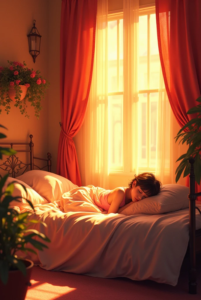 bedroom in the morning, sunlight, rich in color