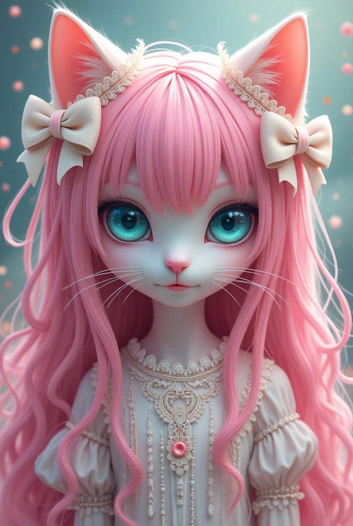 Pink hair cat girl blue eyes pink dres dantelli bukle saç