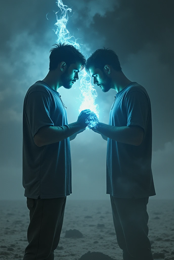 A men is standing in space in front of him ,a mirror is placed and in back of him,a shadow is of him, the shadow pulling him by catching his shirt, and the mirror image is also trying to pull the men towards it, the men is pulling to both side and a flame of blue colour risen from him.