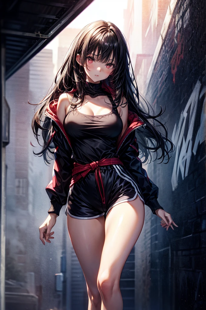 (Sketch)), ((Watercolor)), ((best quality)), ((masterpiece)), (detailed), 4k image, anime style, beautiful young girl, tanned white skin, sharp features, arrogant and disdainful expression, oval shaped face, full cherry pink lips, big round velvet colored eyes, D-cup breasts, slender and thin body, tight oversized hoodie reaching thighs, dolphin shorts, long Sleek dark violet-black hair, flowing waist length hair, small narrow waist, full curvy hips, tall height(175cm), classy opulent bedroom background