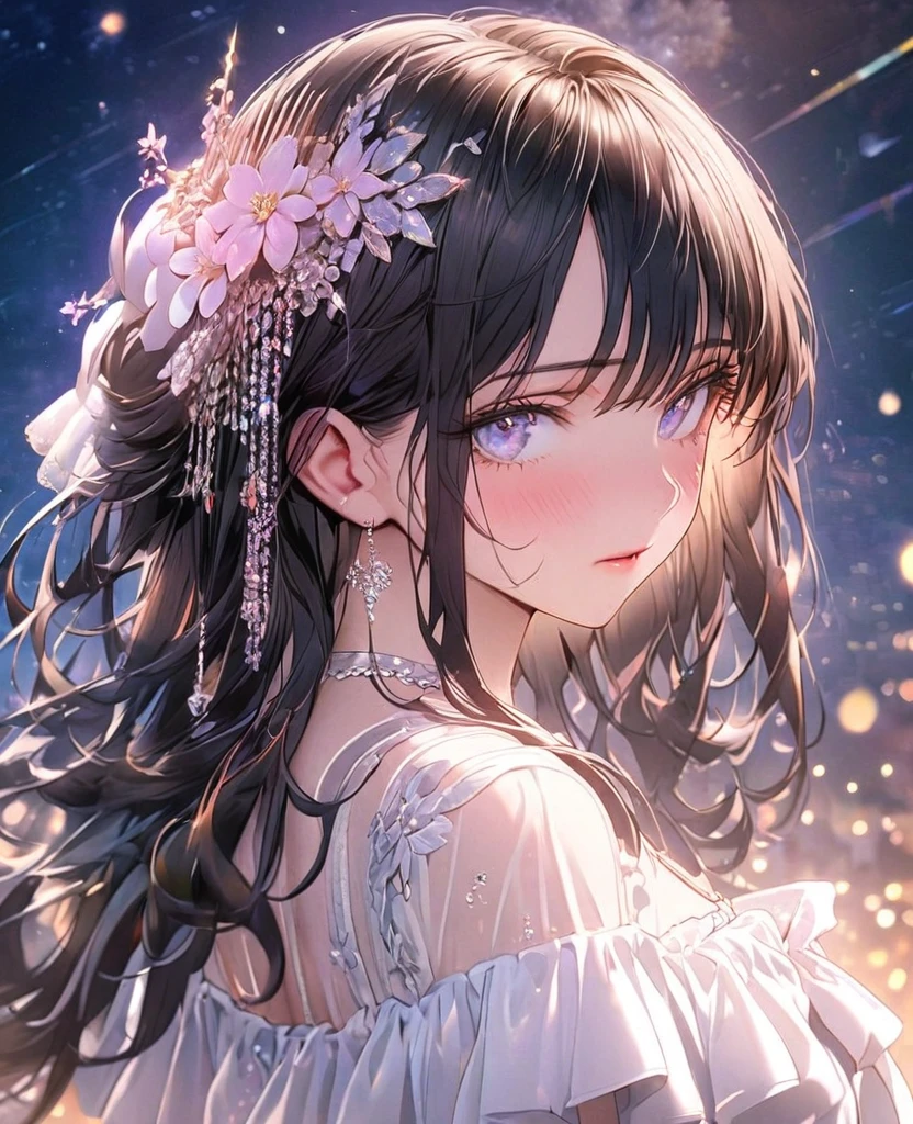 8k,Ephemeral beauty,Very delicate and beautiful,Beautiful and realistic skin,Hair that shines like a jewel,Black Hair、Long and colorful hair,Beautiful Eyes,good,Beautiful night sky、shy、White, frilly adult clothing、