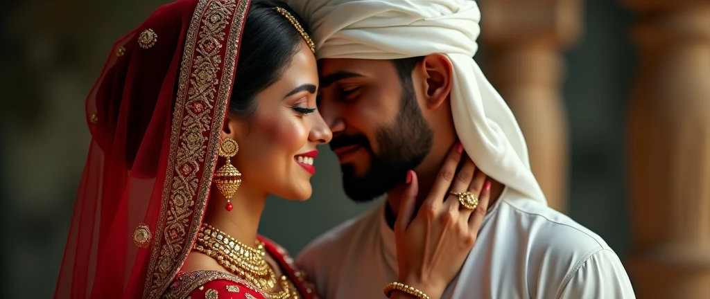a beautiful hindu woman in a red sari,ornate jewelry,intricate patterns,dopata on head,smilling,in arms of a masculine muslim man in a white salwar kameez,white taqyah hat,detailed portrait,photorealistic,cinematic lighting,vibrant colors,chiaroscuro,dramatic composition,highly detailed,award winning photo,8k,masterpiece