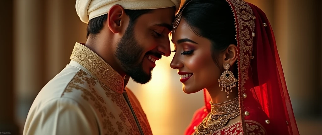 a beautiful hindu woman in a red sari,ornate jewelry,intricate patterns,dopata on head,smilling,in arms of a masculine muslim man in a white salwar kameez,white taqyah hat,detailed portrait,photorealistic,cinematic lighting,vibrant colors,chiaroscuro,dramatic composition,highly detailed,award winning photo,8k,masterpiece